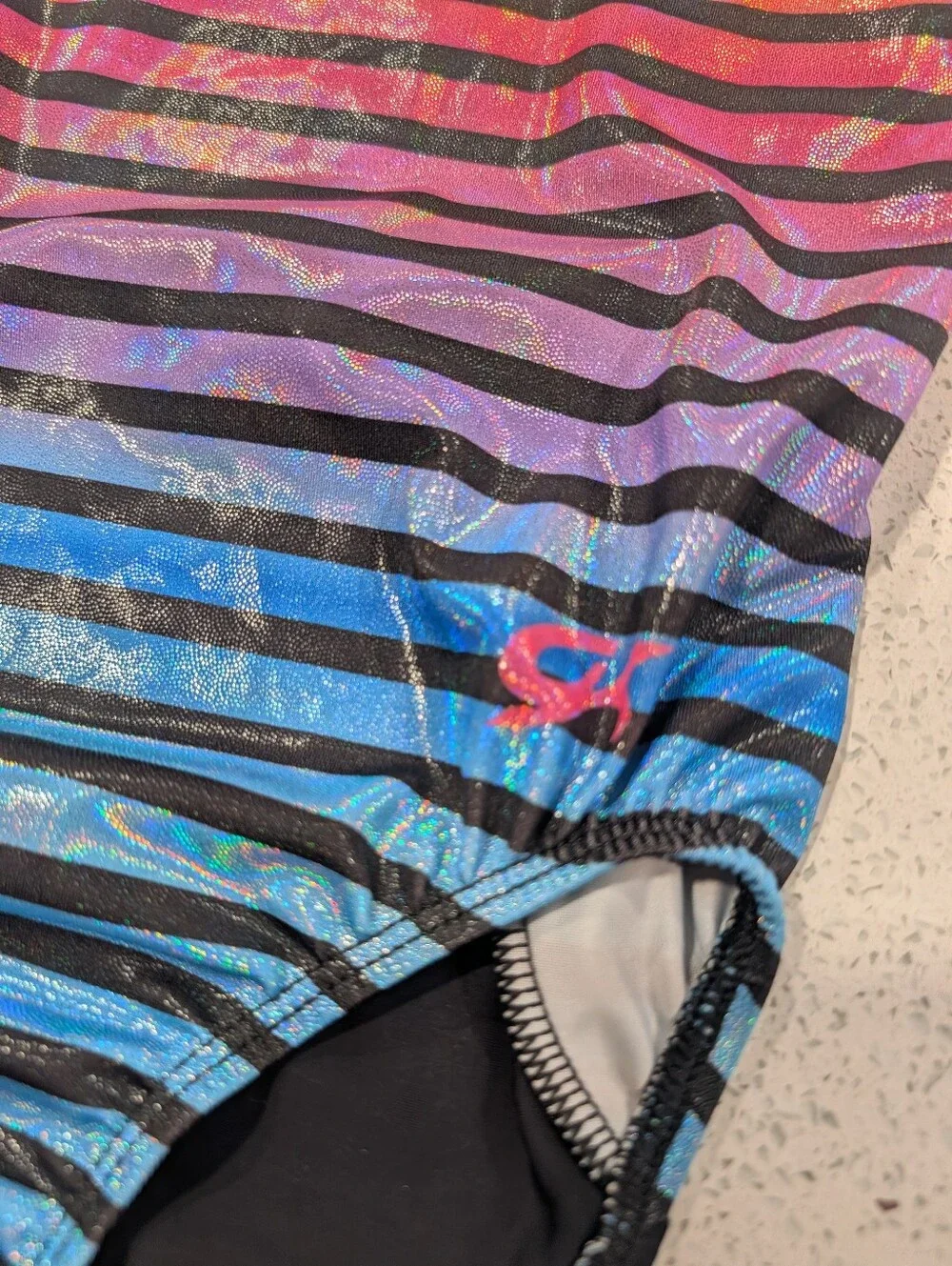 BEAUTIFUL GK ELITE Gymnastic Dance Leotard CL Large RAINBOW STRIPES Holographic
